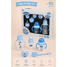 Babytime 5'li Bebek Beslenme Seti Mavi 0+ Ay 150 Ml Pp Biberon - Alıştırma Bardağı - Emzik ve Askısı Ak206 Bebe Mavi