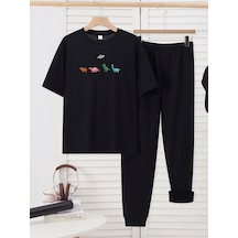 Çocuk Dinazor Baskılı Eşofman Takımı Siyah