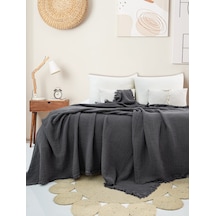 4 Katlı Müslin Yatak Örtüsü - Koyu Gri Renk Çift Kişilik Pike Koyu Gri