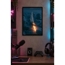 Gece Denizi Ve Yelkenli Desenli Dekoratif Mdf Tablo, Çerçeve Görünümlü Ahşap Poster