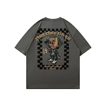 Flood Of Style Antrasit Pixel Karikatür Baskılı Bisiklet Yaka Oversize Erkek Tişört Gri