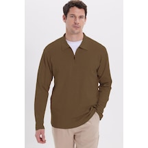 Tudors Erkek Relax Fit Rahat Kesim %100 Pamuk Yarım Fermuarlı Polo Yaka İnterlok Koyu Vizon Sweatshirt-42173 Koyu Vizon