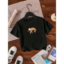 Uyguntarz Çocuk Dalda Uyuya Kalmış Maymun Baskılı Tasarım Tshirt Siyah