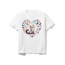 Urbantrendstore Kedi Kelebek Temalı Unisex Kız Çocuk Erkek Çocuk Bisiklet Yuvarlak Yaka Basic Kısa Kollu %100 Pamuk Tişört Beyaz