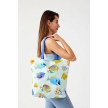 Kadın Mavi Balıklı Bez Alışveriş Plaj Çantası Mavi