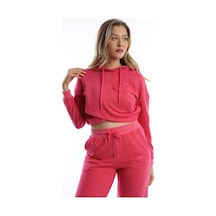Kadın Kruvaze Detaylı Kapüşonlu Crop Sweat Pembe
