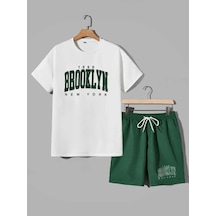 Brooklyn New York 1898 Alt Üst Baskılı Beyaz T-shirt Nefti Yeşil Şort Takım Oversize Unisex Yeşil Şort - Beyaz T-shirt