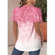 Kadın Kısa Kollu V Yakalı Düğmeli Çiçek Baskılı Pamuk Bluz Pembe