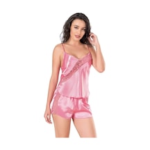 Ang Butik Kadın Koyu Pembe Saten Babydoll Şort Takımı