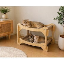 Pureza Ahşap İki Katlı Kedi Yatağı & Dinlenme Standı Hasır Yüzeyli Çift Katlı Tasarım
