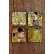 Doğal Taş Bardak Altlığı 4'lü Set 10x10x1 Cm Gustav Klimt Tablo Eserleri-stone Coasters Çok Renkli