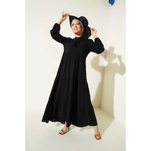 Giyim Dünyası Kadın Yaka Bağcıklı Tesettür Elbise Siyah 001