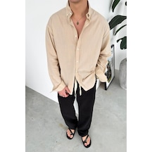 Bej Oversize Fresh Keten Gömlek Bej
