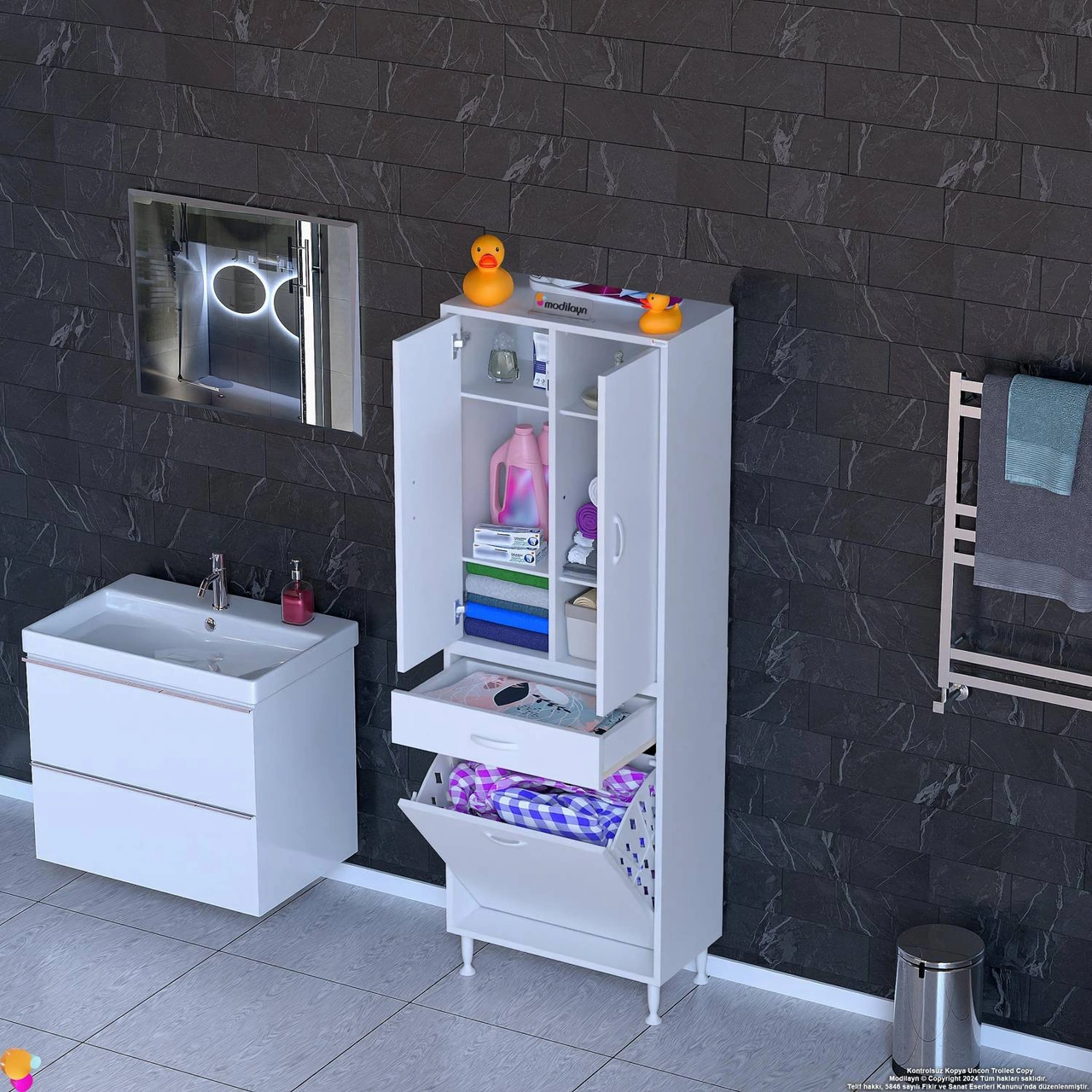 Yeni Kayra Tek Çekmece, 1 Göz Sepet, 2 Kapak, 6 Raf Dar Alan Banyo Dolabı 65x173x32,5 Cm Beyaz