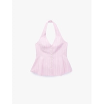 Koton Keten Karışımlı Sırt Dekolteli Çizgili Pileli Peplum Halter Yaka Yelek Pınk Strıpe 6sak20074pw Pembe Çizgili