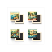 Yalova - 4'lü Memleket Seti - Baskılı Buzdolap Magneti Kare - 9x9 Cm - 4 Adet