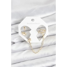 Pirinç Gold Renk Uzay Model Zincir Bağlantılı Ear Cuff Küpe Seti Belirtilmemiş Belirtilmemiş