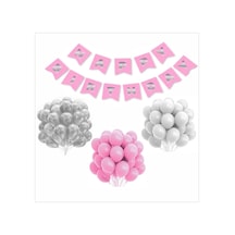 Pembe Gümüş Beyaz Balon-banner Seti