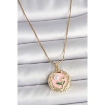 Gold Renk Zincir Pembe Çiçek İşlemeli İnci Detay Portre Model Kadın Kolye - Ebj250510w33743 Bakır