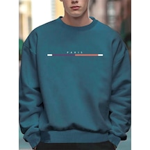 Altamira Erkek Petrol Mavi Paris Baskılı Oversize Bisiklet Yaka Sweatshirt 001