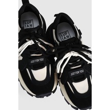 LUFIAN Hakiki Deri Bağcıklı Model Kadın Sneaker Siyah Beyaz Ayakkabı