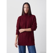 Lc Waikiki Lc Waıkıkı Bordo Yarım Balıkçı Yaka Desenli Kadın Triko Tunik