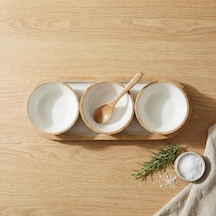 Mango Ağacı Standlı 3'lü Kase Seti - İçi Emaye Kaplama Doğal Ahşap Çerezlik Ve Sosluk - 30 Cm Sunum Tepsili Dekoratif Set Düz Desen
