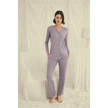 B&m Trend M Merc Giyim Uzun Kollu Boydan Düğmeli V Yaka Pijama Takımı Gri