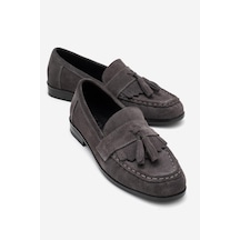 Luvishoes Luvi Shoes Lupen Gri Süet Püsküllü Hakiki Deri Kadın Loafer Ayakkabı Gri
