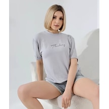 Nnstartshopping Unisex Bisiklet Yaka Baskılı Slim Fit T-shirt - Boyalı Gri Gri