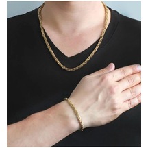 Gold Erkek Çelik Kral Zincir Kolye Bileklik Set 4mm Gold
