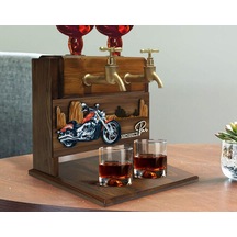 Bk Gift Kişiye Özel Kabartma Motorsiklet Tasarımlı İsimli Çift Musluklu Doğal Ahşap İçki Standı-3, İçki Standı, Doğum Günü Hediyesi, Ev Hediyesi Bitme