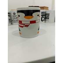 Penguen Kupa - Sevimli Atkılı Penguen Seramik Bardak Eğlenceli Hediye 325ml Beyaz - Çok Renkli