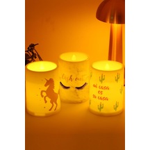 Led Mum Bardak Tipi Pilli Dumansız Alevli Dekoratif Yapay Mum Işıldak Dekor Lambası 10 Cm 3'lü Unicorn Kirpik Kaktüs Çok Renkli