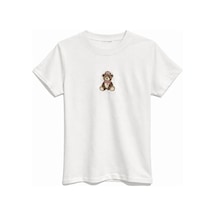 Mixray 2078 Kadın Pamuk Ayıcık Nakışlı Bisiklet Yaka T-shirt Gri