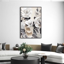 Yağlı Boya Dokulu Tablo Modern Beyaz Çiçekler Siyah Çerçeveli U02008-178863