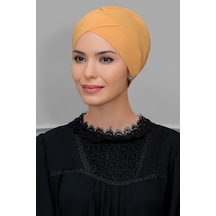 Hürrem Bone Hardal Pratik Hazır Geçmeli Tesettür Bone Sandy Kumaş Çapraz Büzg Hardal