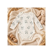 Cantaz Unisex Bebek Tavşan Desenli Uzun Kollu Çıtçıtlı Body Zıbın Krem