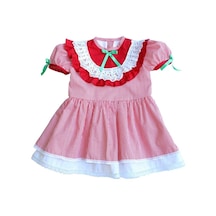 Fırfırlı Ve Kurdele Detaylı Çizgili Kırmızı Kız Çocuk Bebek Elbise 001