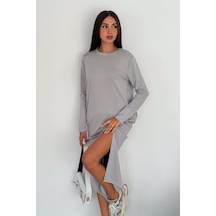 Ded Collectıon Kadın Modal Kumaş Uzun Kol Bisiklet Yaka Uzun Elbise Gri