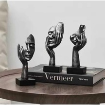 Antik Tarz Siyah Gümüş Soyut El Yüz Biblo Heykel Dekoratif Obje S