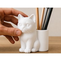 3d Baskı Kedi Figürlü Kalemlik - Masaüstü Organizer - Beyaz Çok Renkli