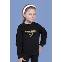 Toontoy Kız Çocuk Relax Fit Bisiklet Yaka Düşük Omuz Baskılı Sweatshirt - 2 İplik Siyah