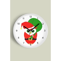 Kızgın Noel Baykuş Modern Tasarım Duvar Saati - 35cm - Önü Camlı Beyaz Kasa - Sessiz Mekanizma Beyaz