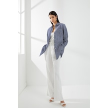 Koton Oversize Gömlek Uzun Kollu Düğmeli Cepli Lacivert Çizgili 4sak60194uw Çok Renkli