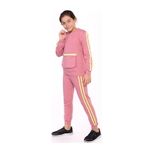 Toontoy Kids Toontoy Kız Çocuk 2'li Takım Bisiklet Yaka Torba Cepli Sweatshirt & Beli Paçası Lastikli Jogger Eşofman Altı - Bant Detaylı & 2 İplik Gül Kurusu