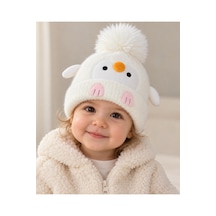 Kız Bebek Penguen Temalı Ponponlu İçi Astarlı Krem Renk 6 Ay - 3 Yaş Peluş Bere