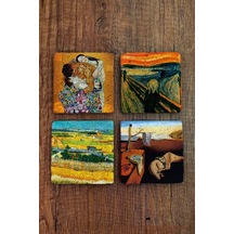 Doğal Taş Bardak Altlığı 4'lü Set 10x10x1 Cm Dali, Van Gogh, Klimt Eserleri-stone Coasters Çok Renkli