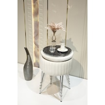 Bianco Metal Ayaklı Puflu Zigon Sehpa Krom Kırık Beyaz Chrome Off White