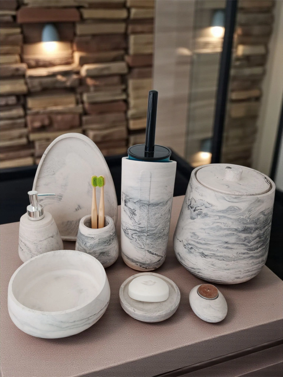Mermer Desen 11 Parça Beton Banyo Seti,tuvalet Wc,çöp Kova,sabunluk ,diş Fırçalığı,tepsi,aksesuar Gri